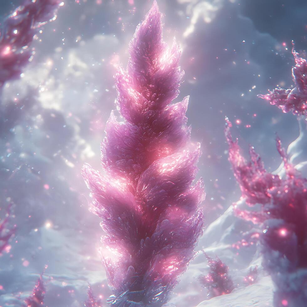 Vivid Pink Crystal Plants Glowing in a Frosty Dreamlike Landscape photo