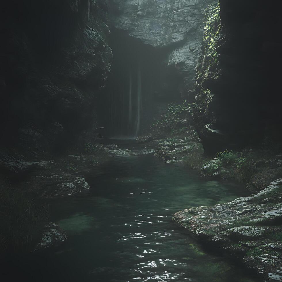 Serene Cavern Scene with Waterfall and Lush Greenery photo
