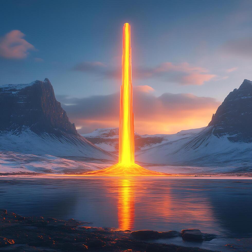 Luminous Lava Column in Snowy Landscape at Sunset photo