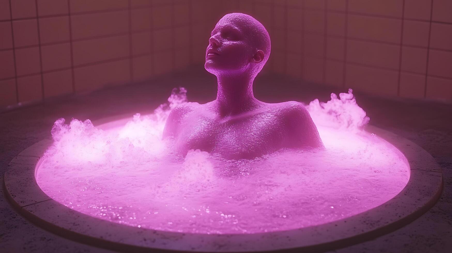 Person Immersed in Pink Illuminated Steamy Bath in Relaxing Atmosphere photo