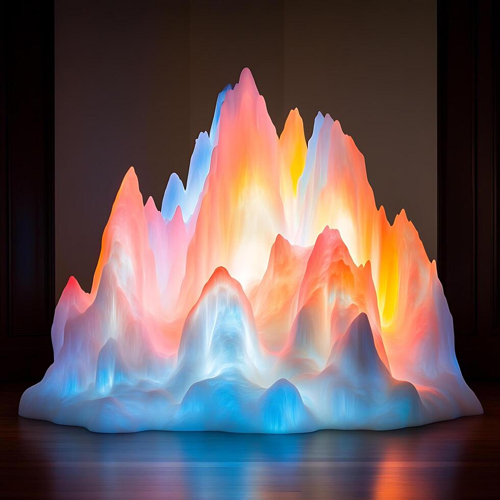 Colorful Illuminated Abstract Sculpture of Vibrant Peaks in a Darkened Room photo