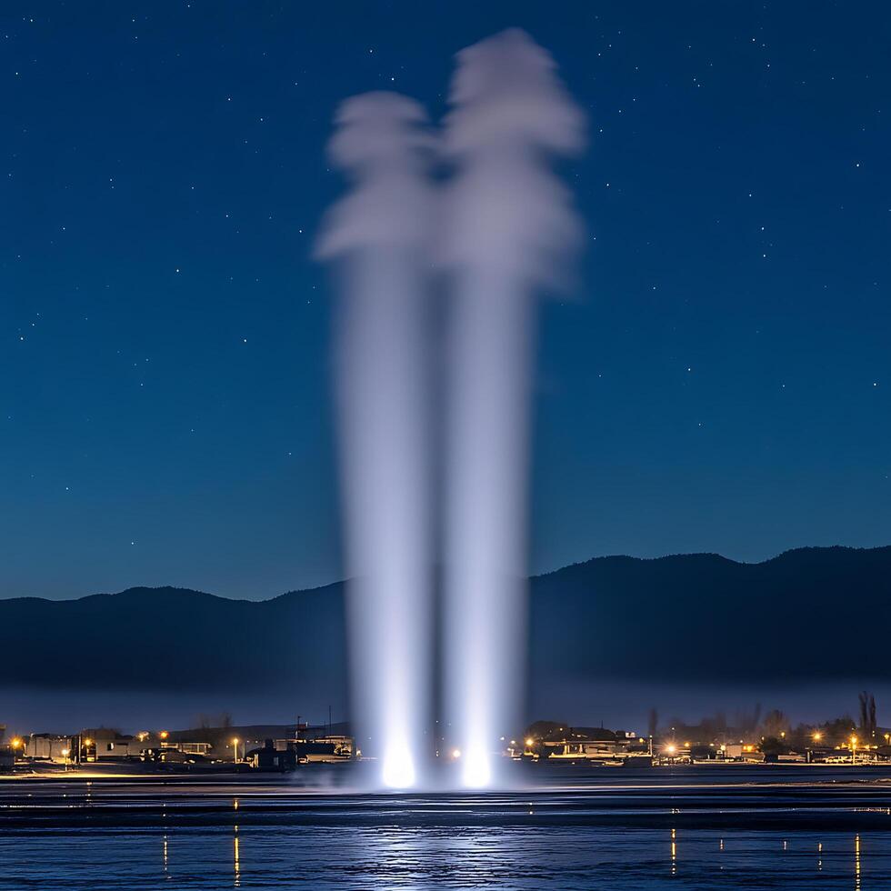 Illuminated Geysers Against a Starry Sky in a Serene Landscape photo
