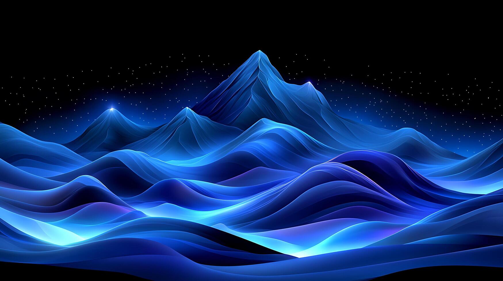 Abstract Blue Digital Landscape of Glowing Mountains and Rolling Waves at Night photo