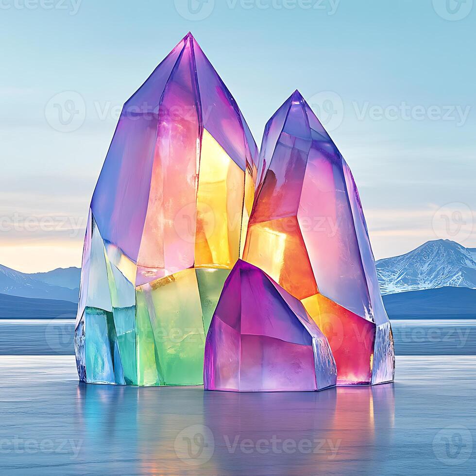 Colorful Transparent Crystals With Rainbow Light Reflections on Frozen Surface photo