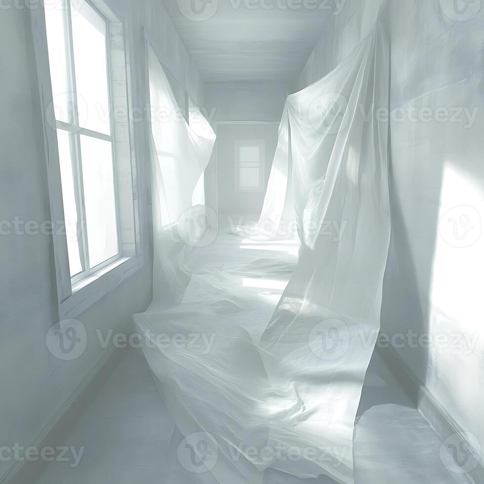 Minimalist Hallway Adorned with Flowing Sheer Fabrics and Natural Light photo