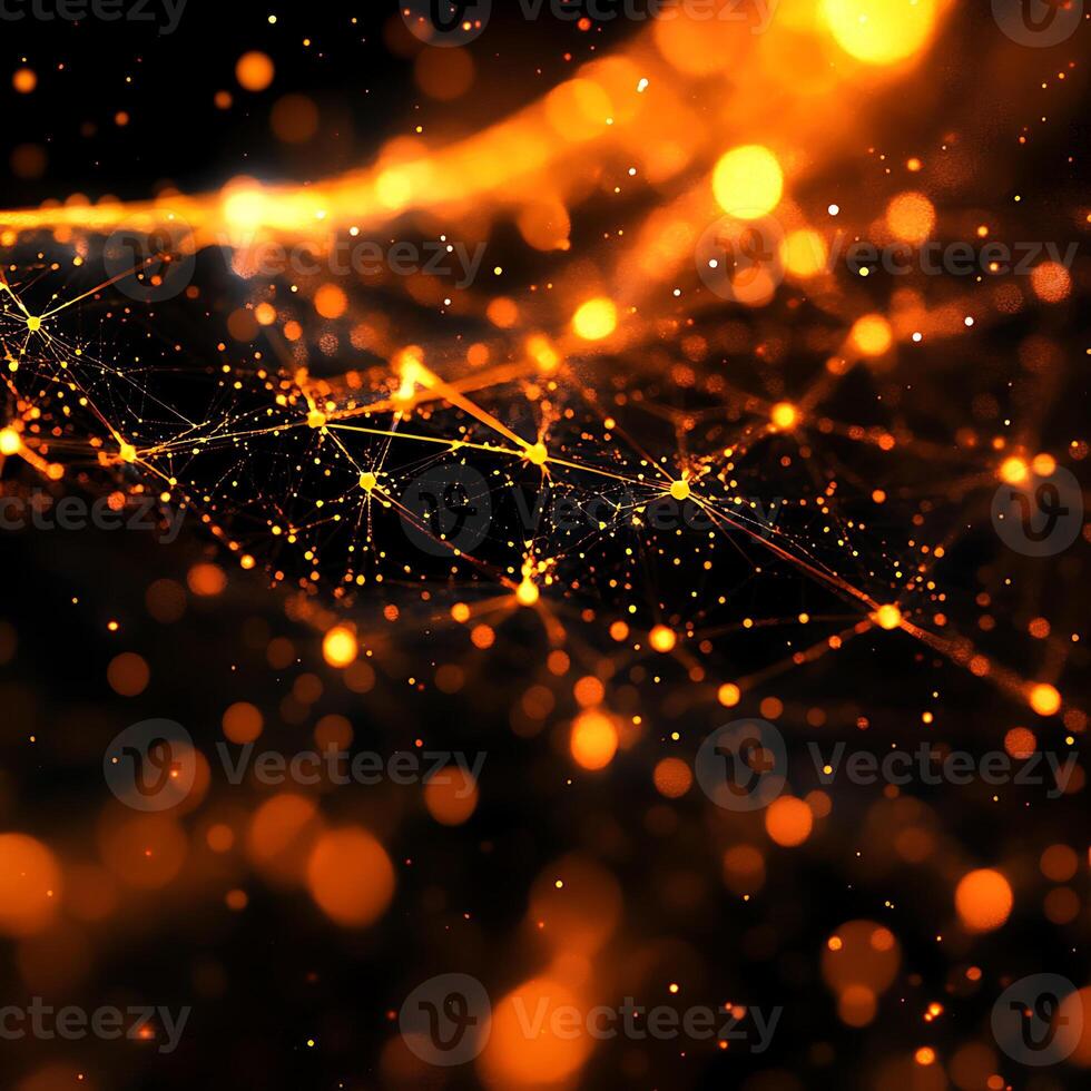 Abstract Orange and Black Network Visualization with Glowing Nodes photo