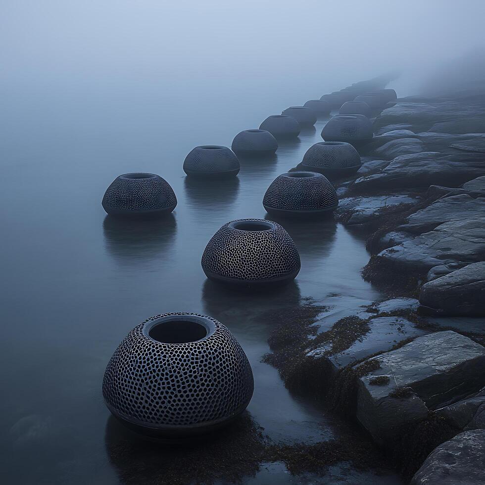 Unique Metallic Structures Along Foggy Waters on a Rocky Shoreline photo
