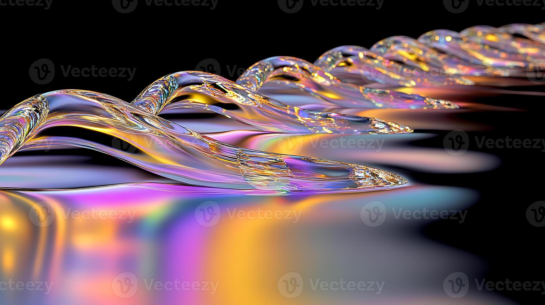 Abstract Rippled Glass Shapes With Vibrant Reflections on a Black Background photo