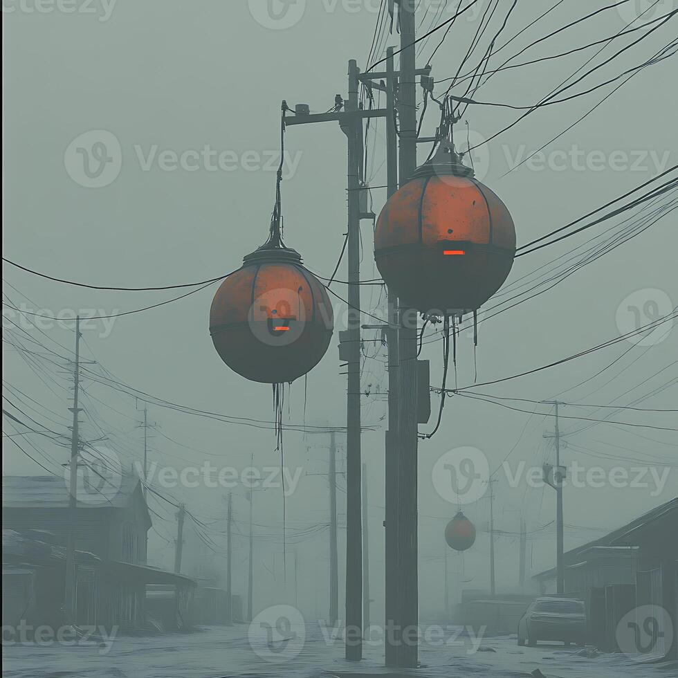 Ethereal Street Scene with Hanging Orb Lights in Dense Fog photo