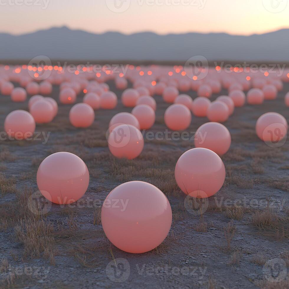Pink Globes on a Field at Sunset with Scenic Mountain Backdrop photo