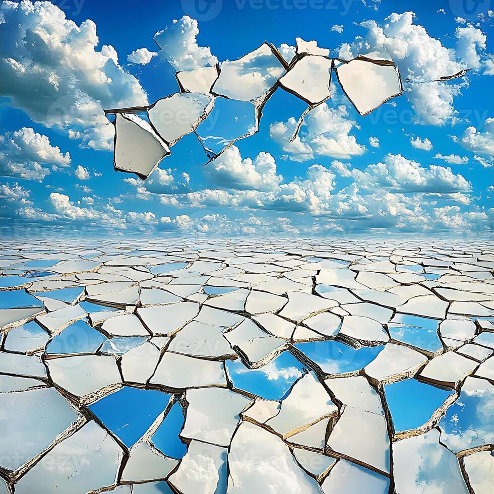 Surreal Landscape of Fractured Reflective Surface Under a Cloud-Filled Sky photo