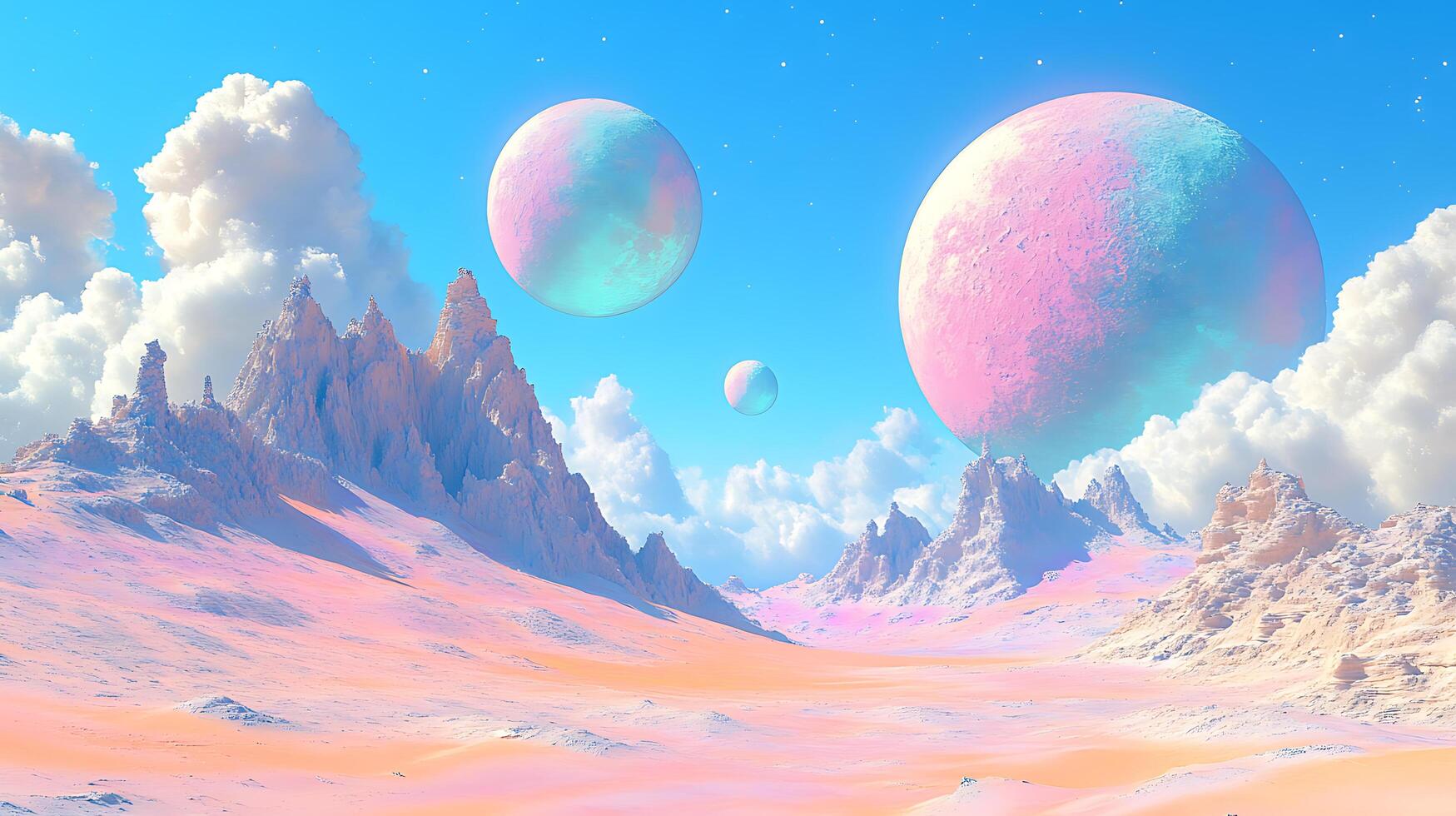 Vivid Extraterrestrial Landscape with Multiple Colorful Planets and Unique Terrain photo