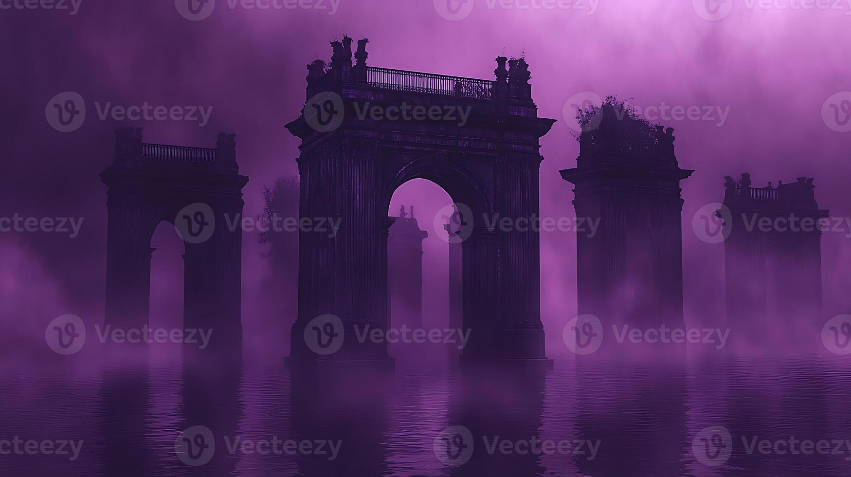 Mystical Purple Ruins Reflecting in Foggy and Serene Waters photo
