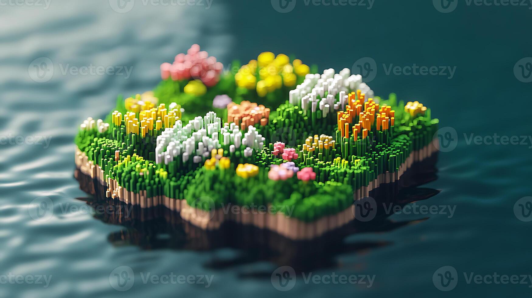 Colorful Pixelated Floating Island With Flowers and Grass Above Water photo