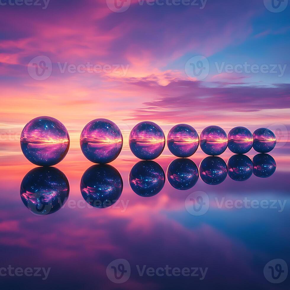 A Row of Glass Spheres Reflecting a Vibrant Sunset in Tranquil Water photo