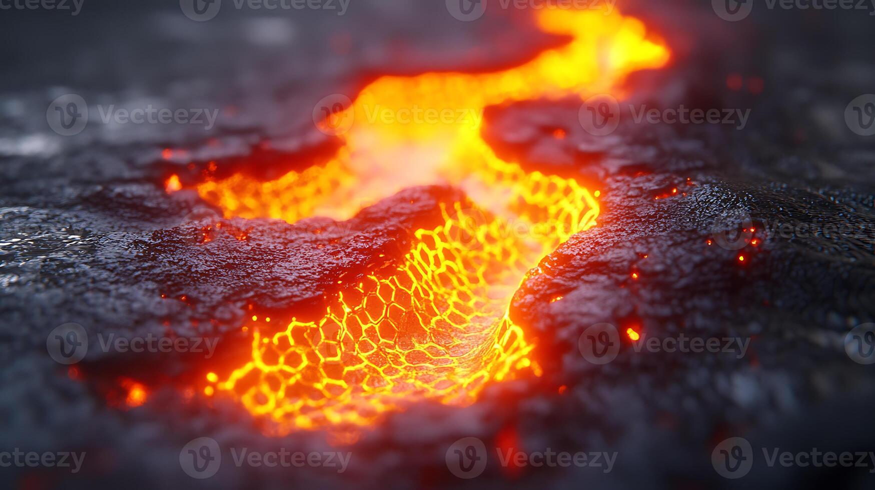 Molten Lava Flowing Among Cracked Rocks in a Fiery Landscape photo