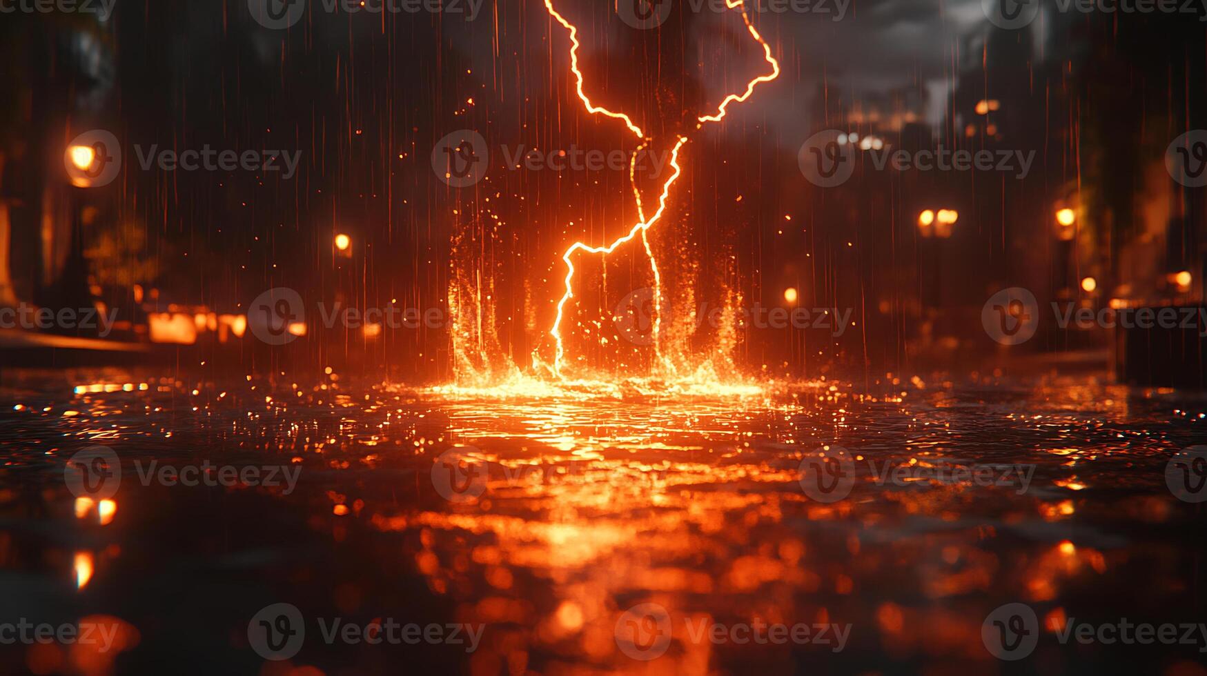 Vivid Orange Lightning Striking Wet Pavement During Dynamic Rainstorm photo