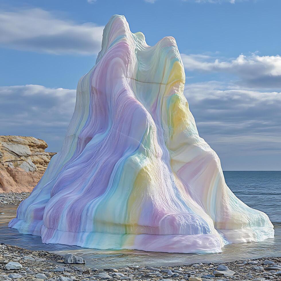 Spectacular Pastel-Colored Ice Formation by the Seaside Under a Clear Sky photo