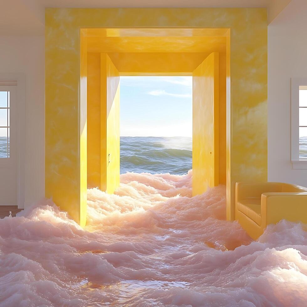 Surreal Interior Scene with Ocean Waves and Bright Yellow Architecture photo
