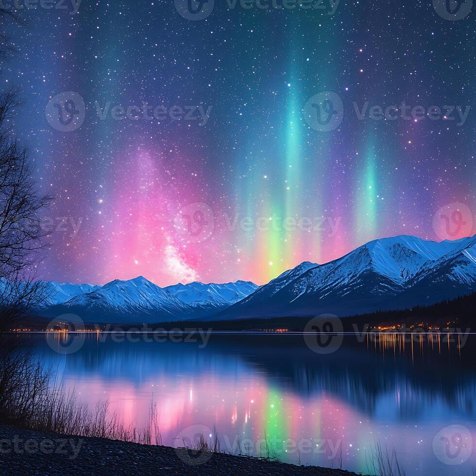 Stunning Aurora Lights Over Snowy Mountains Reflecting in a Tranquil Lake photo
