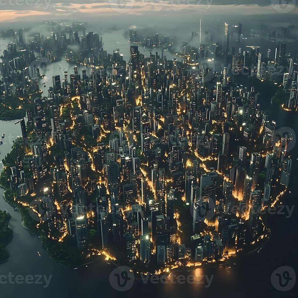Dramatic Night Cityscape with Illuminated Skyscrapers Surrounding a Vibrant Waterfront photo