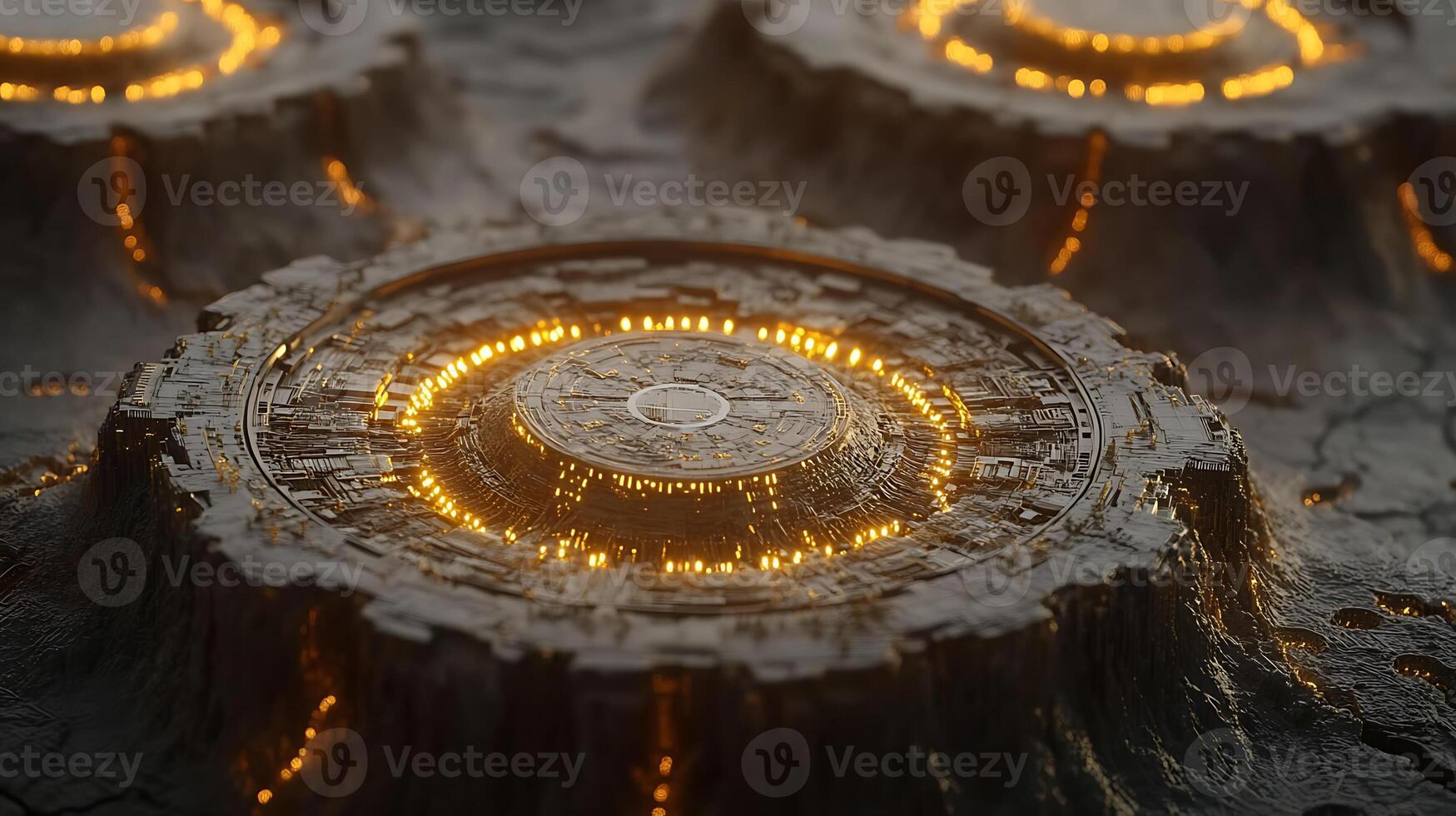 Futuristic Illuminated Circular Structures in Abstract Technology Landscape photo