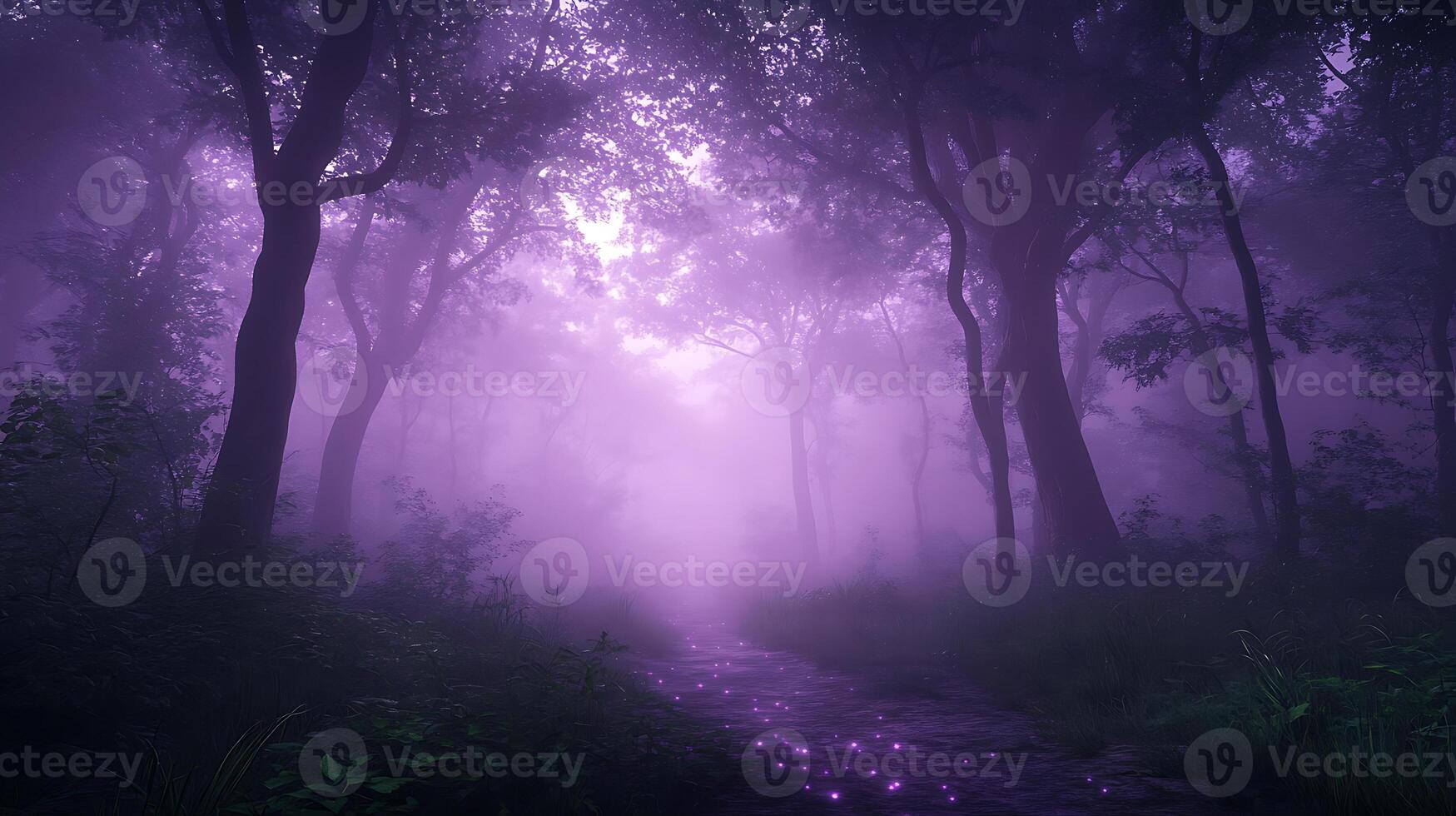 Enchanted Misty Forest Path Illuminated by Mysterious Purple Light photo