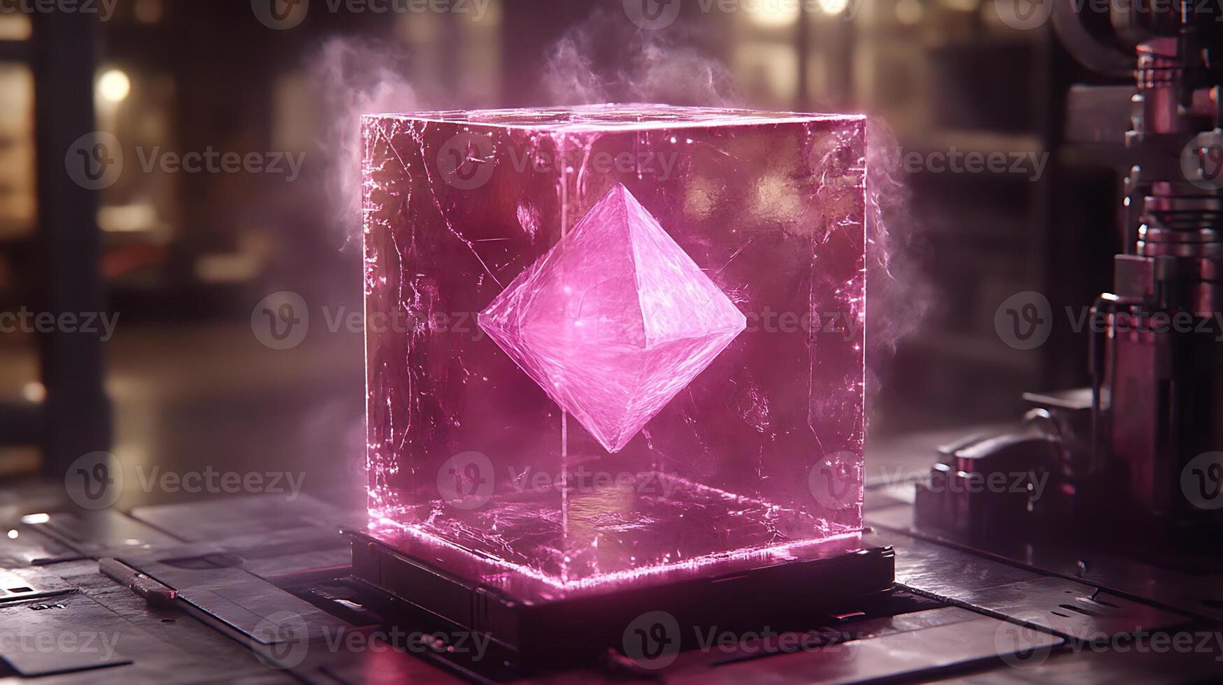 Glowing Pink Cube Containing a Geometric Core in a Sci-Fi Setting photo