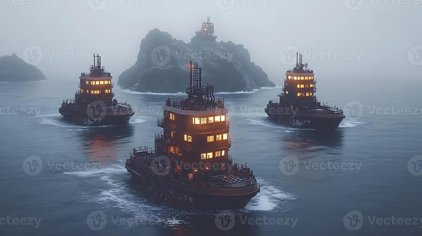 Fleet of Tugboat Vessels Navigating Foggy Waters Near Rocky Islands photo