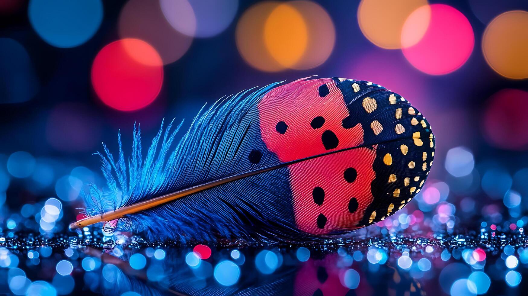 Vibrant Feather with Glittering Background in Colorful Lighting photo