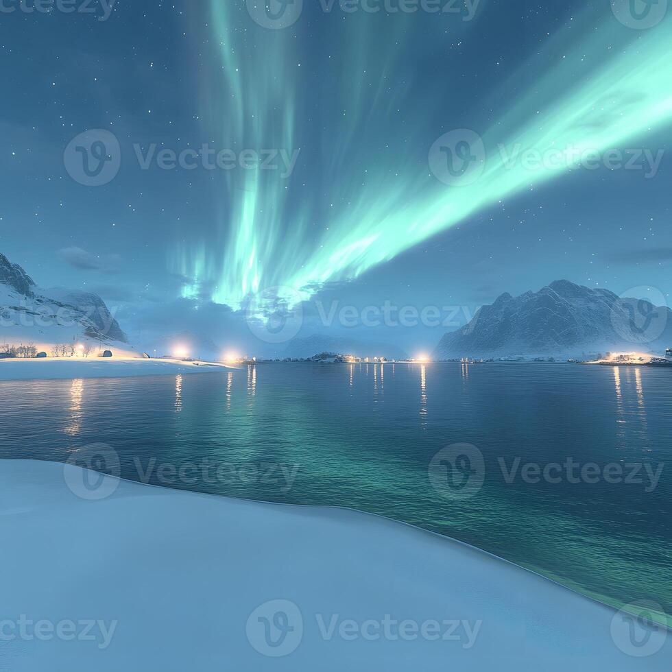 Aurora Borealis Illuminates Snowy Landscape with Gleaming Waters Under Starry Night photo