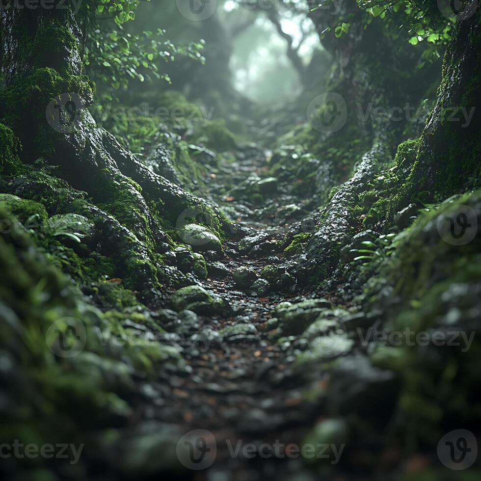 Forest Path Through Moss-Covered Roots and Stones with Gentle Lighting photo