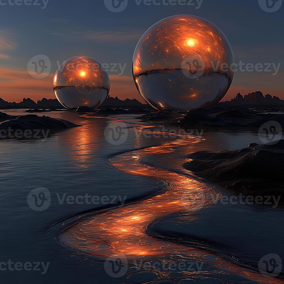 Surreal Scene with Reflective Spheres and Glowing River at Sunset photo