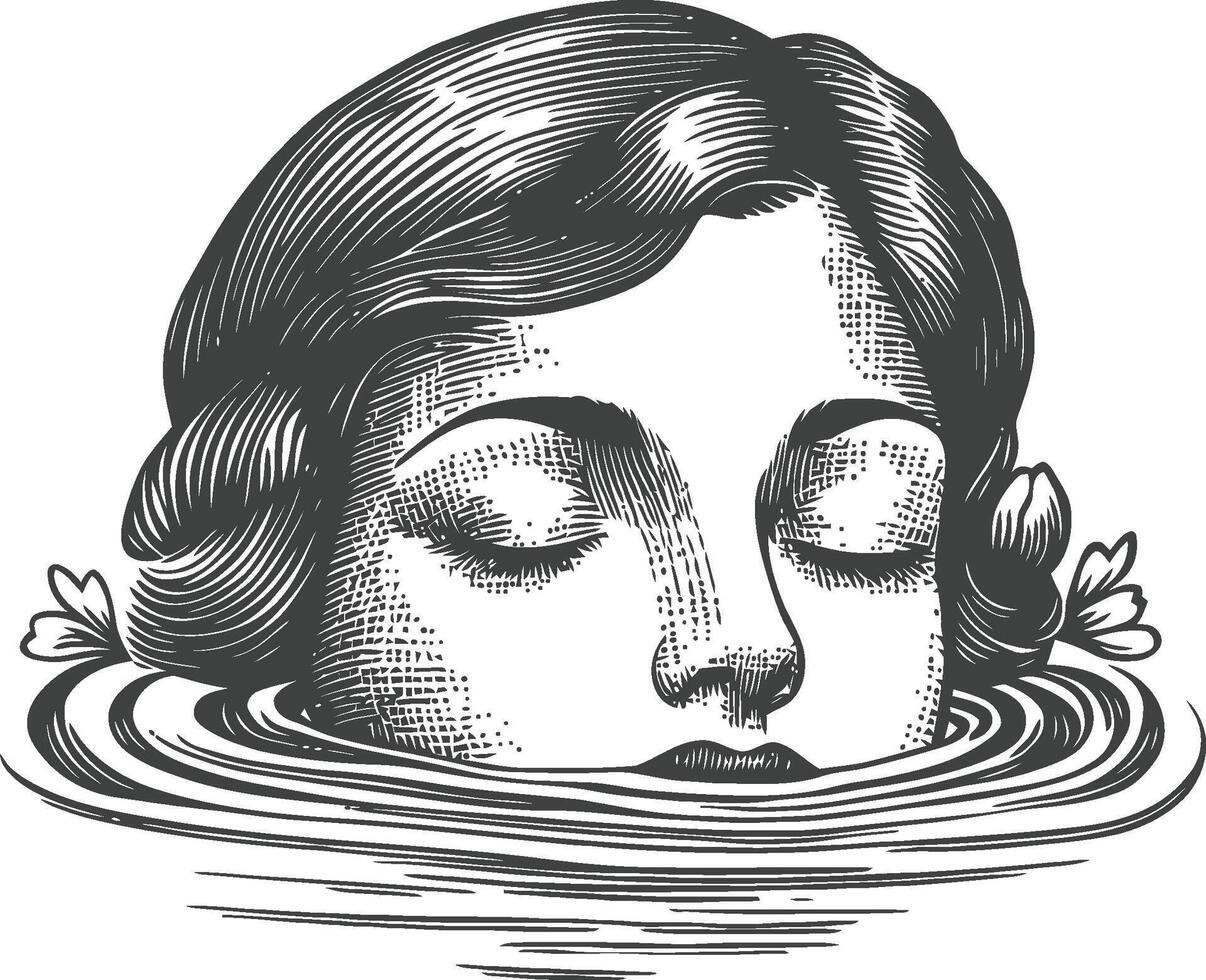 Woman's Face Engraving Emerging from Water, Vintage Linocut Style vector