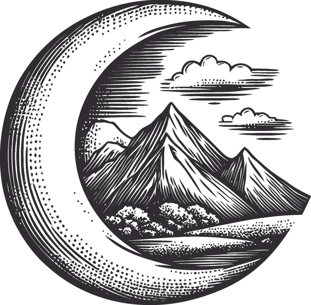 Engraved Moon with Mountain Landscape and Clouds in Black and White vector