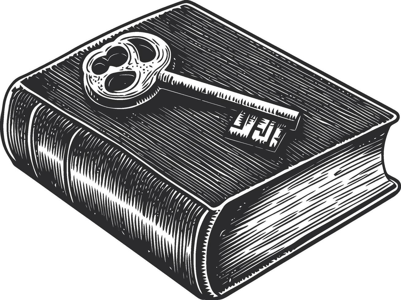Engraved Vintage Key on Old Book with Detailed Linocut Style vector