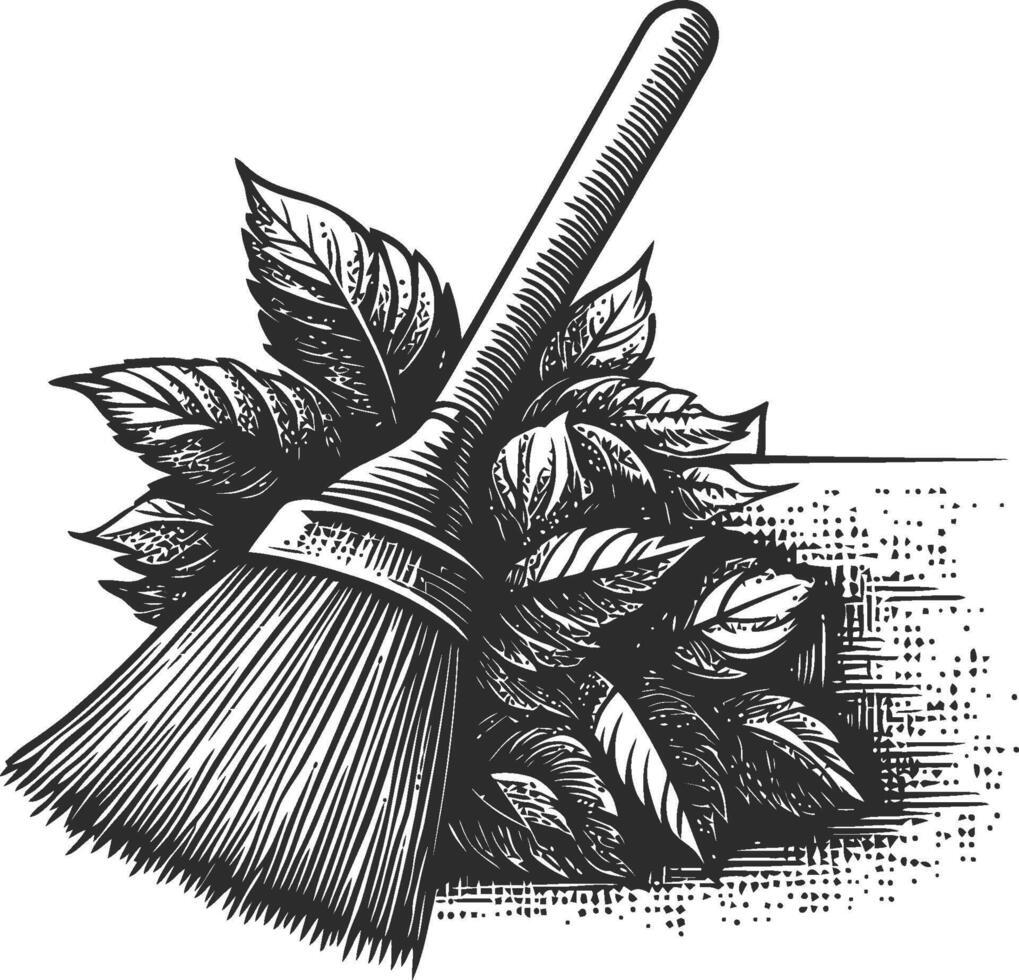Detailed Engraving of Brush with Leaves in Linocut Style Design vector