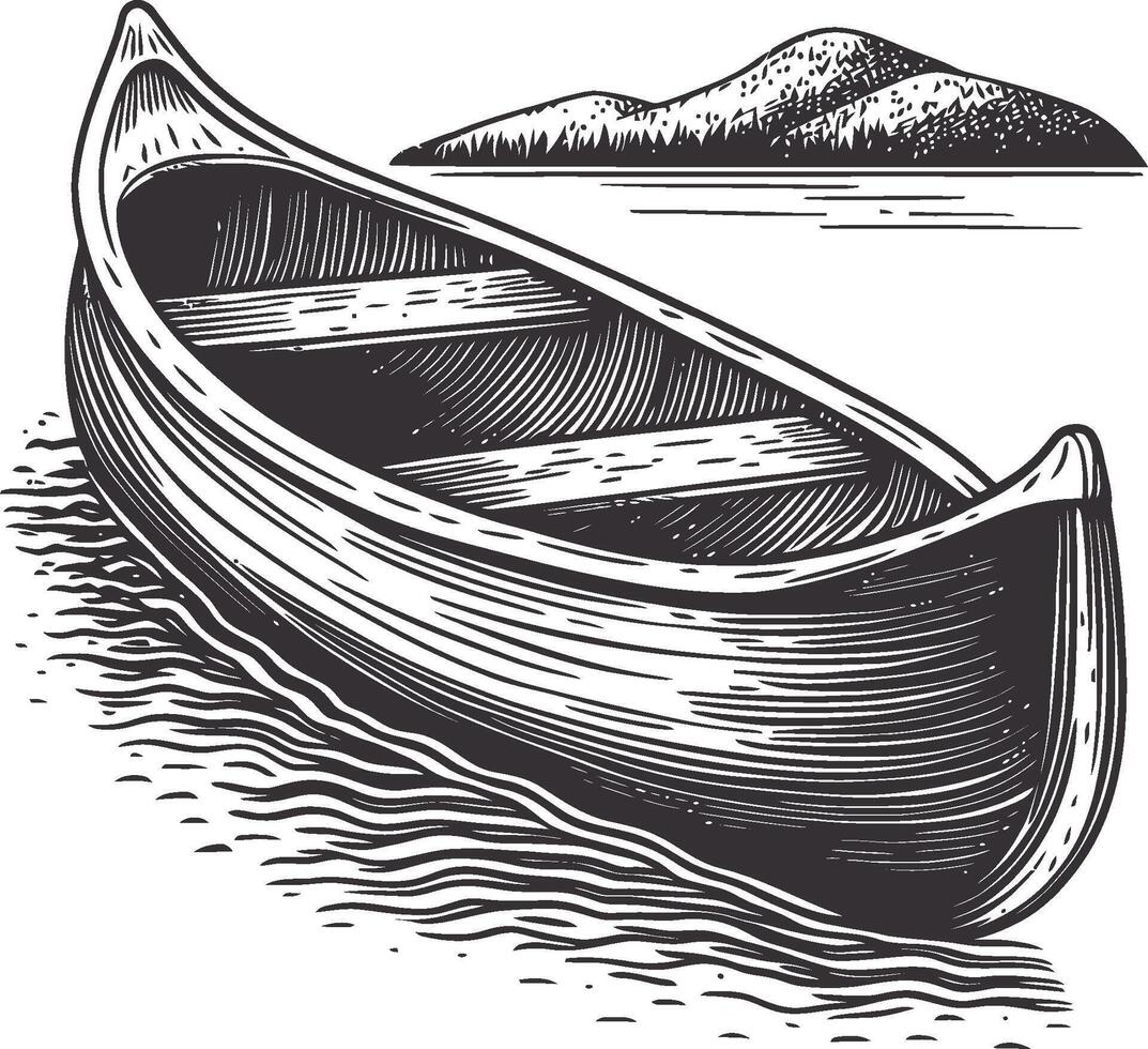 Engraving of a Rowboat with Island Landscape in Black and White Style vector