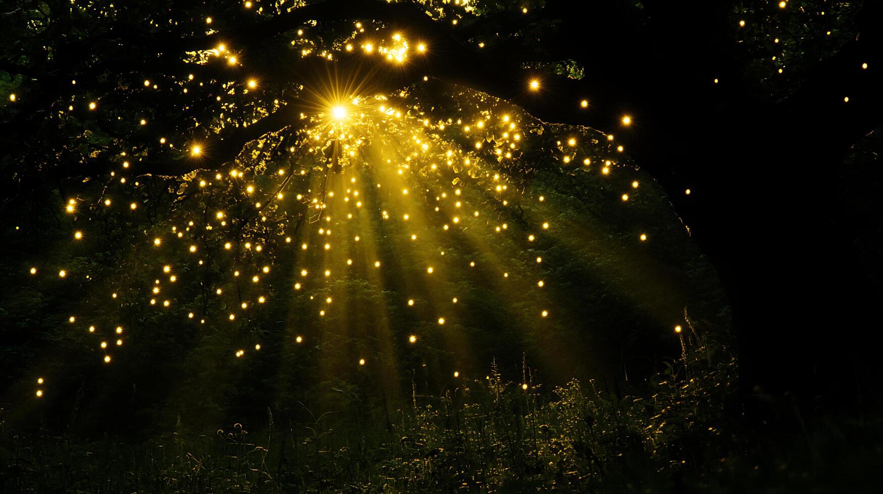 Magical Forest Scene With Glowing Lights and Sunrays Through Trees photo