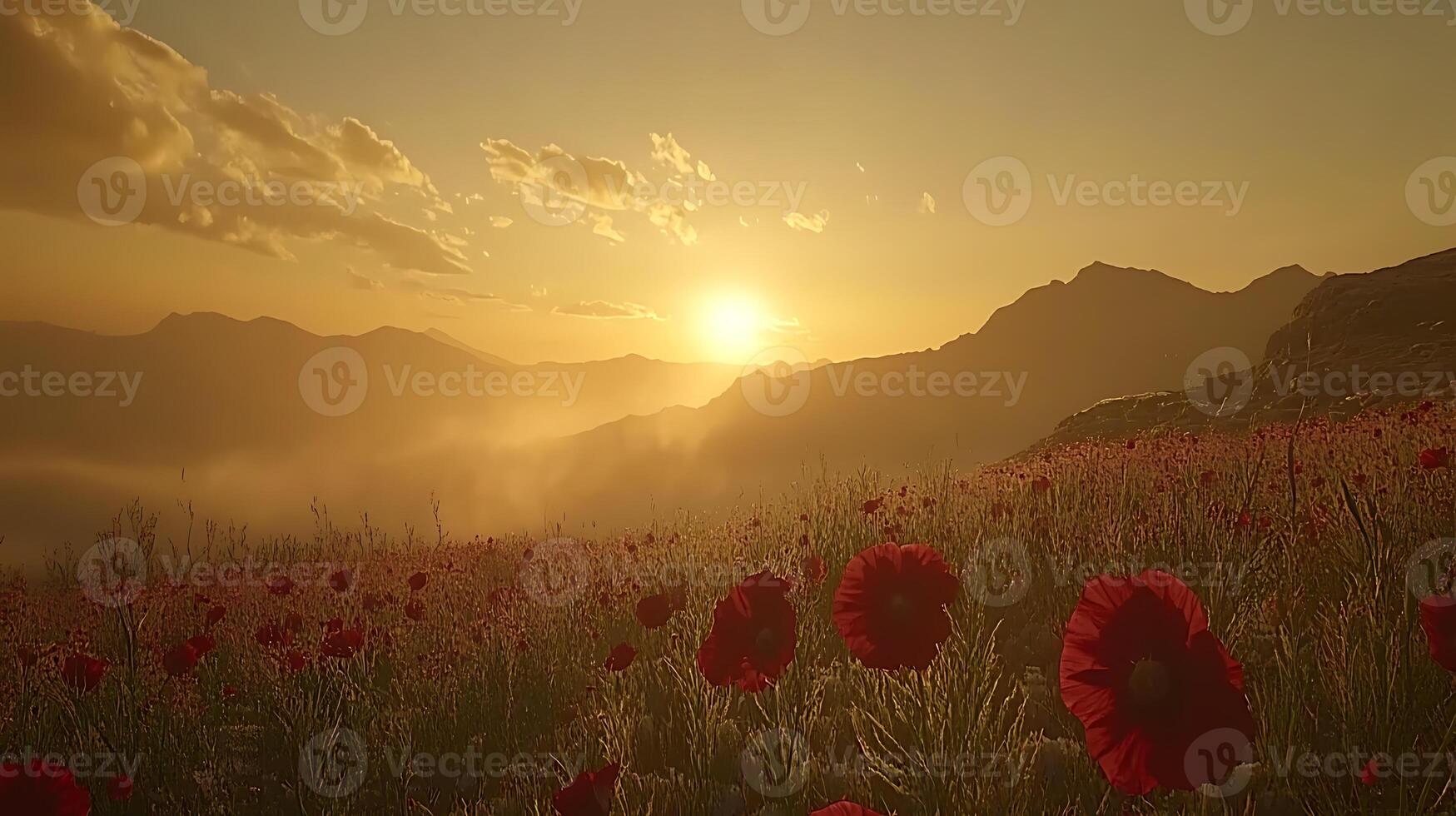 Beautiful Mountain Field With Poppies at Golden Sunset photo