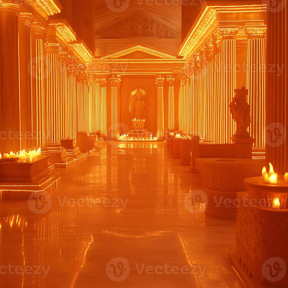 Illuminated Ancient Hall with Majestic Columns and Warm Glowing Ambiance photo