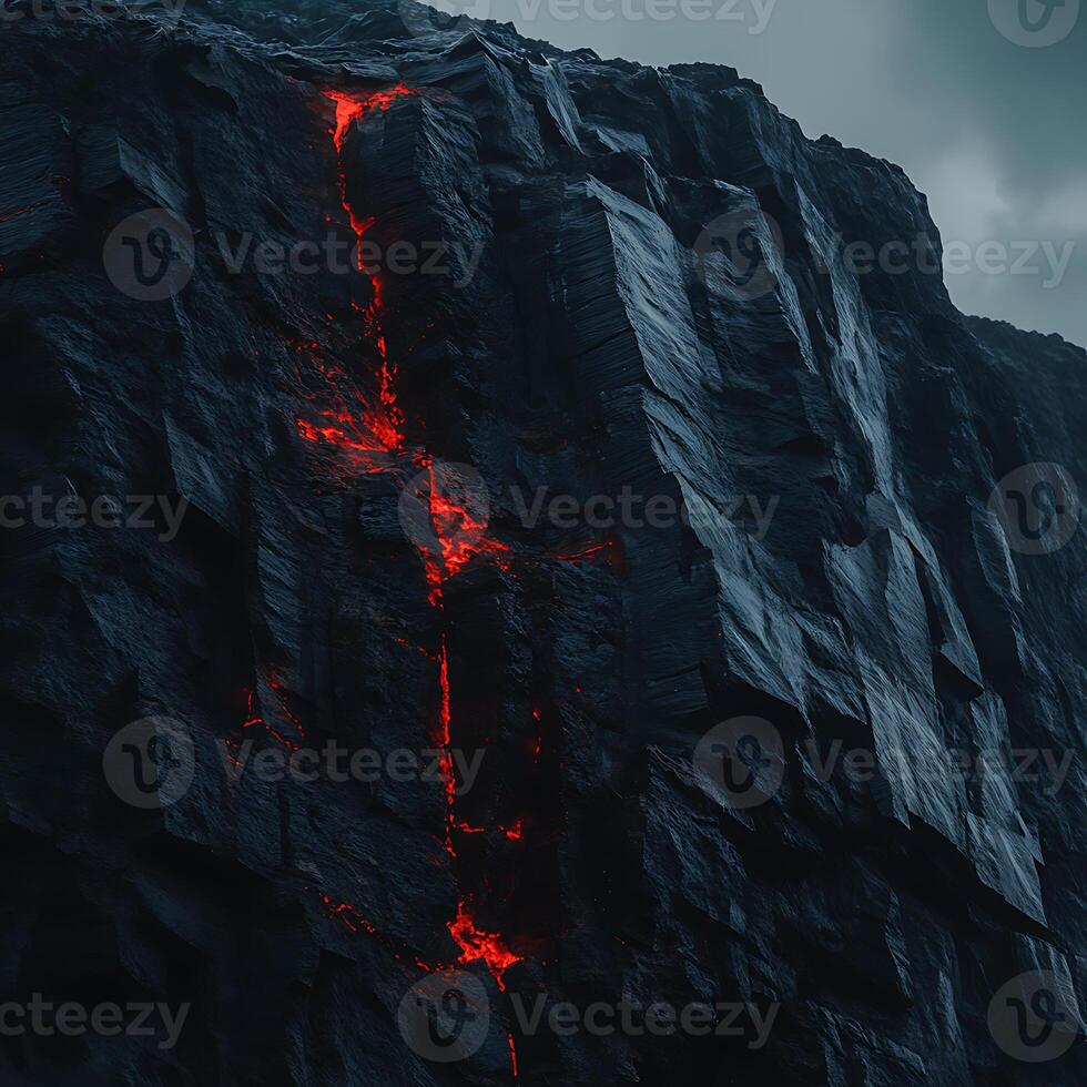 Dynamic Flowing Lava Streams on a Rugged Cliffside Under a Clouded Sky photo