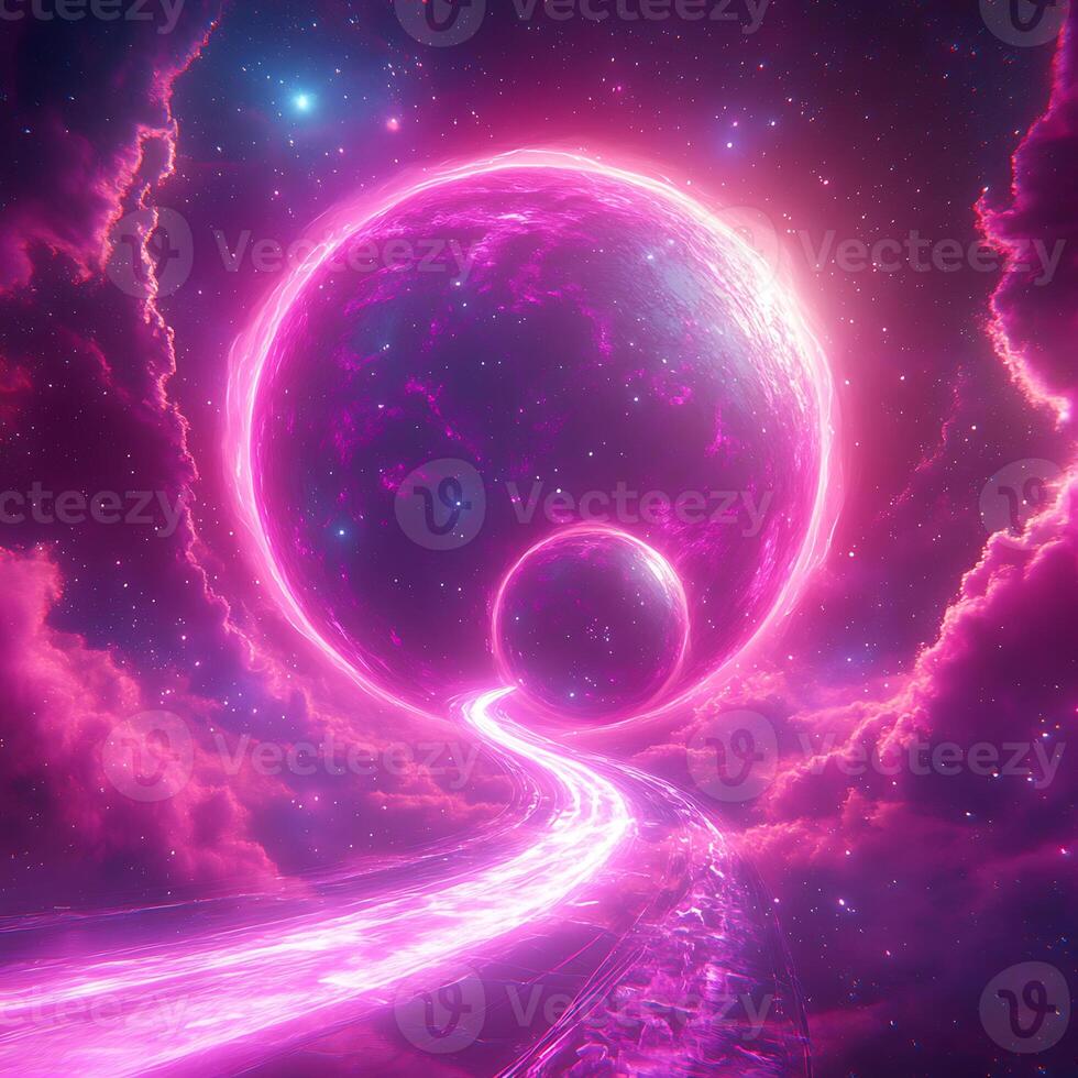 Colorful Cosmic Phenomenon with Two Glowing Spheres and Bright Pathway photo