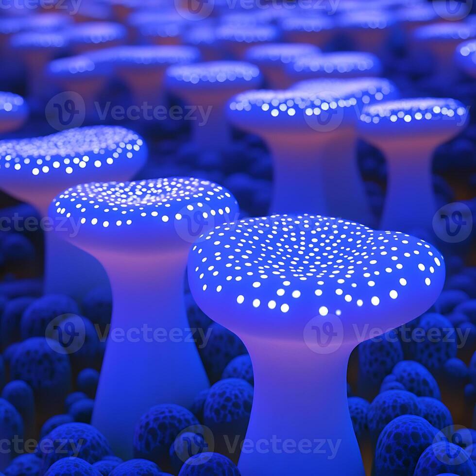 Blue Illuminated Mushrooms with Glow Effect in a Fantasy Setting photo