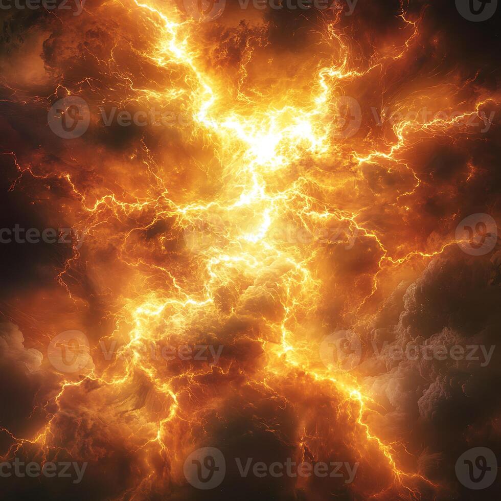 Dramatic Lightning Storm with Fiery Explosions in Dark Cloudy Sky photo