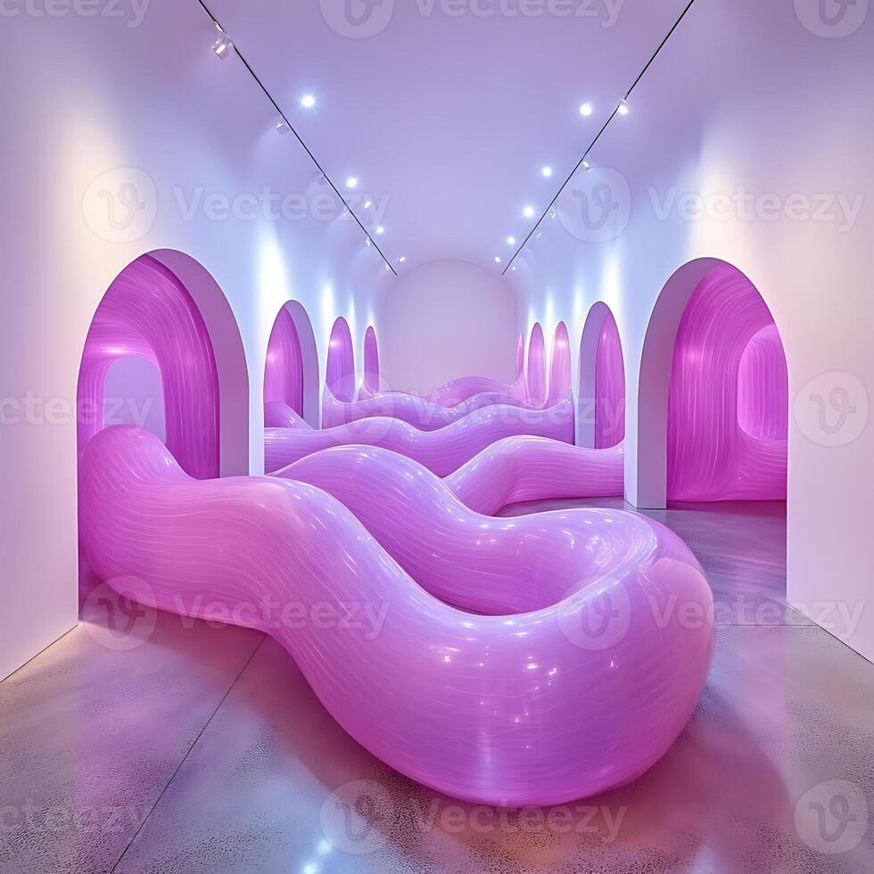 Contemporary Installation Featuring Vibrant Organic Shapes in an Artistic Exhibition Setting photo