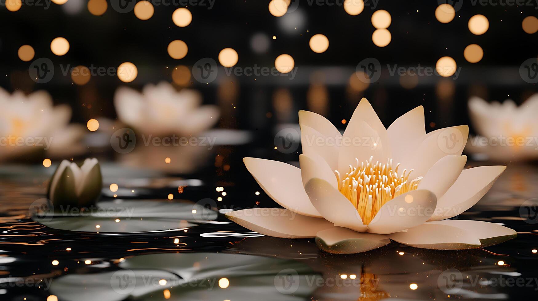 Tranquil Pond Scene with Blooming Lotus and Soft Light Reflections photo