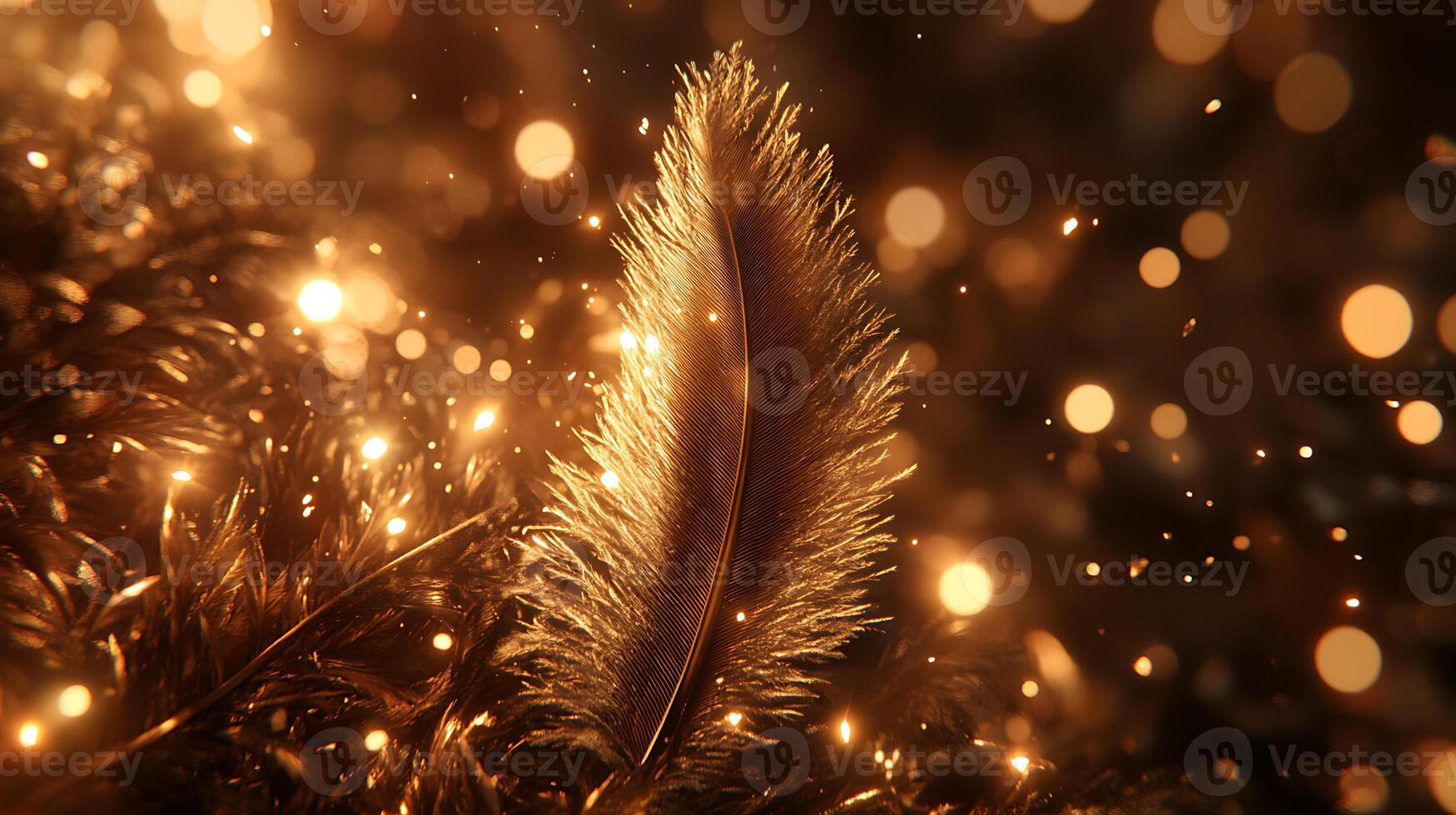 Golden Feather with Sparkling Lights in a Dreamlike Atmosphere photo