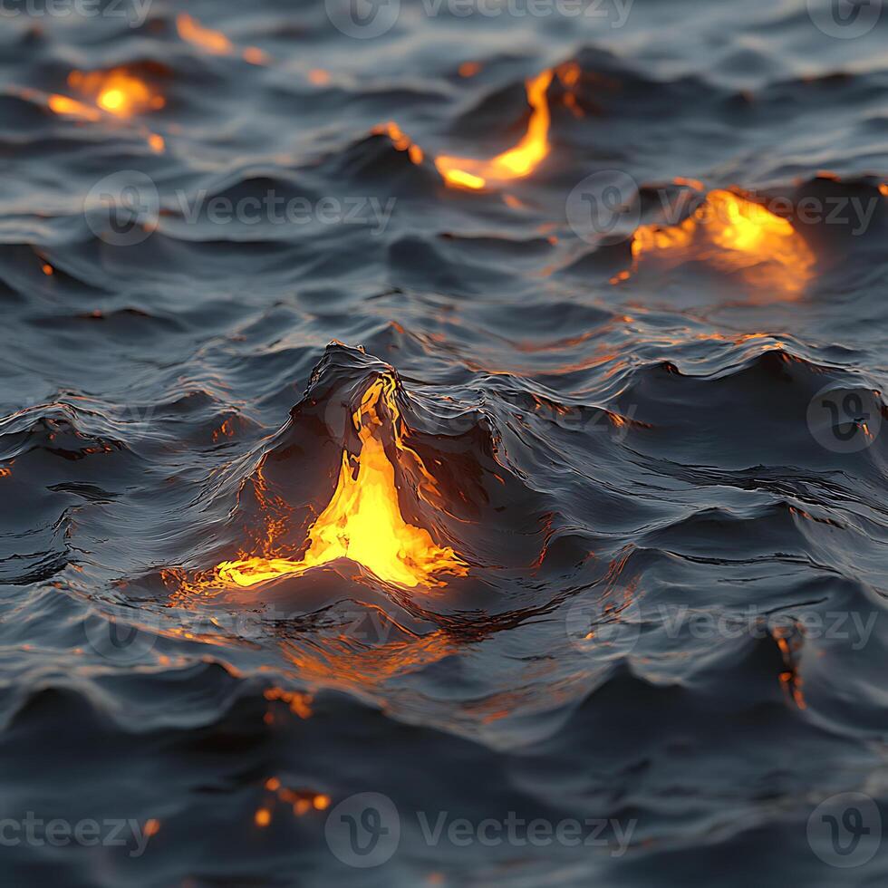 Fiery Lava Glowing Amid Distorted Waves of Majestic Ocean Surface photo