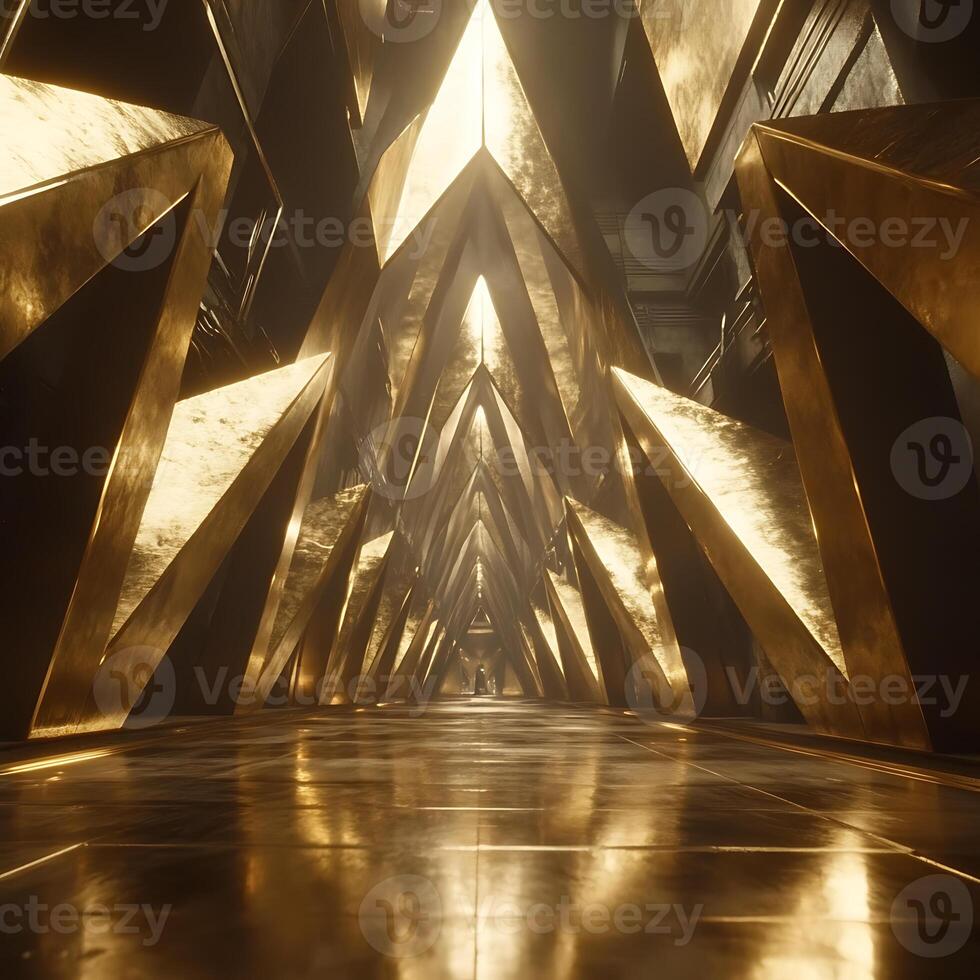 Golden Metallic Architectural Space with Abstract Geometric Prism Design photo